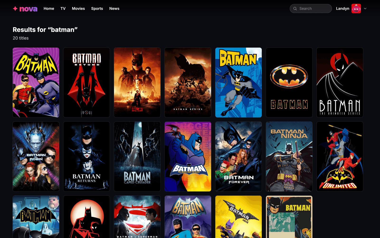 Nova movies search page